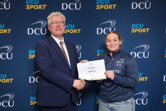 Burt native Sadhbh McGrath, who plays rugby for Cooke RFC, Ulster RFC, and the Ireland women's national rugby union team, below, is a Communication Studies student and Donegal Town’s Seanán Carr, two below, from Four Masters GAA club, is sitting a Bachelor of Education.