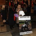 Paula Mullan, aunt of murdered showjumper Katie Simpson, speaking at Foyle Women's Aid's 16 Days of Action Candlelight Vigil in Derry's Guildhall Square.