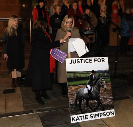 Paula Mullan, aunt of murdered showjumper Katie Simpson, speaking at Foyle Women's Aid's 16 Days of Action Candlelight Vigil in Derry's Guildhall Square.