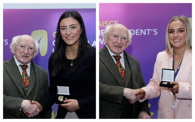 Gillian Fogarty (l) and Claire Henebry (r) receive their awards from President Michael D Higgins