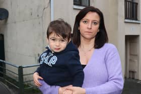Olivia Shiel and her one-and-a-half year old son Noah outside their pyrite-hit home in the city | PICTURE: Adrian Butler