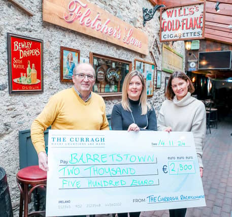 Vincent O'Leary, owner of Fletcher's pub in Naas, Barretstown's Corporate Fundraising Manager Caroline Tobin and Tara Buick from The Curragh Racecourse.