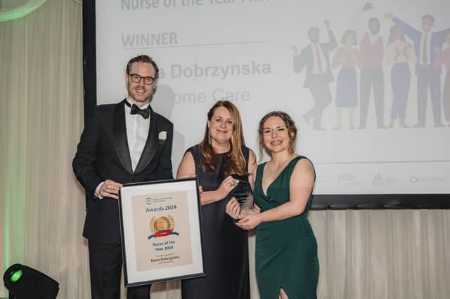 Joseph Musgrave, CEO, HCCI with Daria Dobrzynska, Irish Home Care, Naas, Co. Kildare and Rose Mary Sweeny, Executive Vice Dean of Education at Faculty of Nursing and Midwifery RCSI, award sponsor