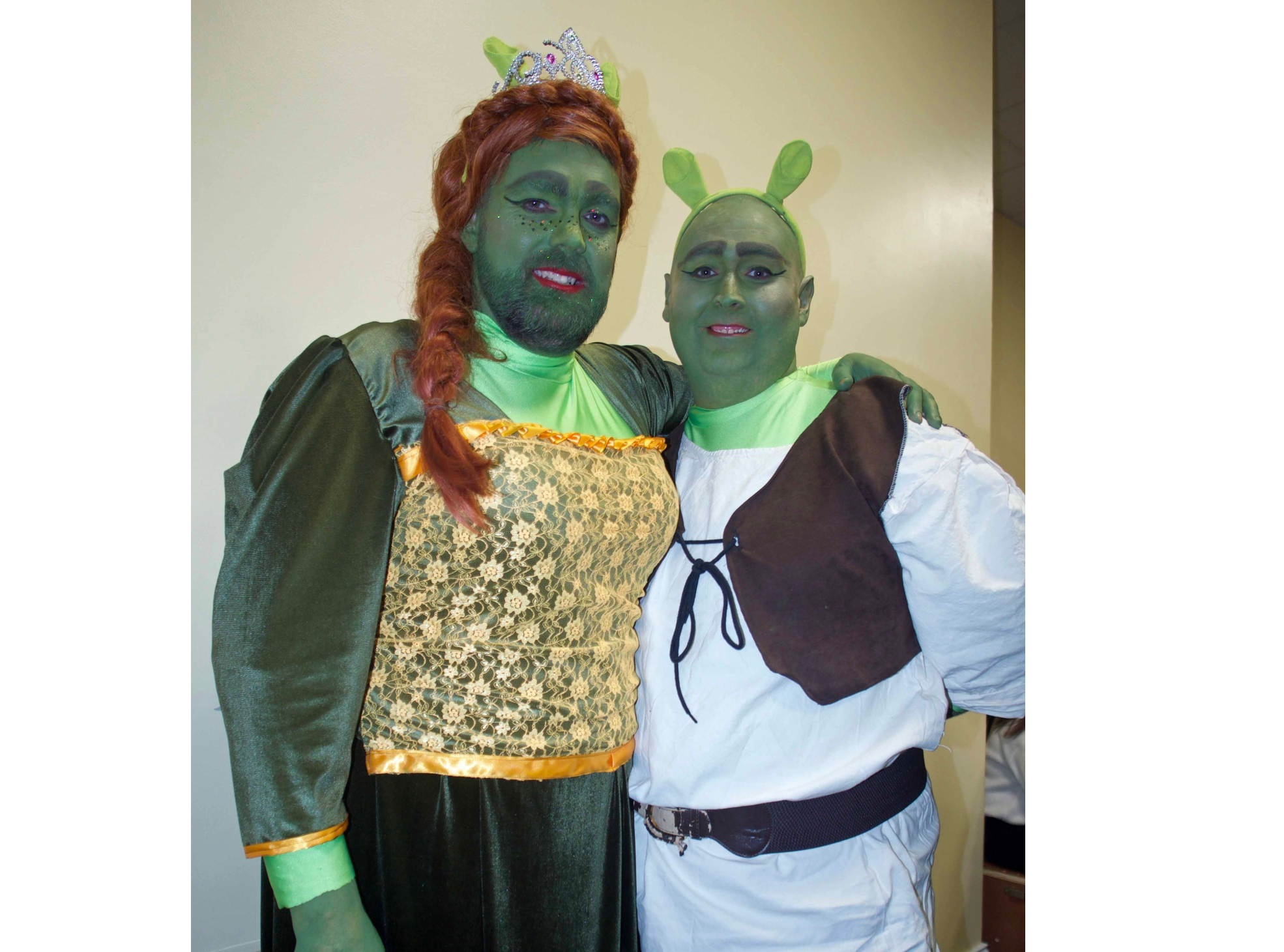 James Dowley as the panto dama Princess Fiona  and Deckie Smith Robinson as Shrek in Carrick Musical Society's panto SHwREK'd