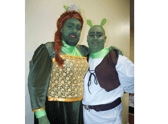 James Dowley as the panto dama Princess Fiona  and Deckie Smith Robinson as Shrek in Carrick Musical Society's panto SHwREK'd