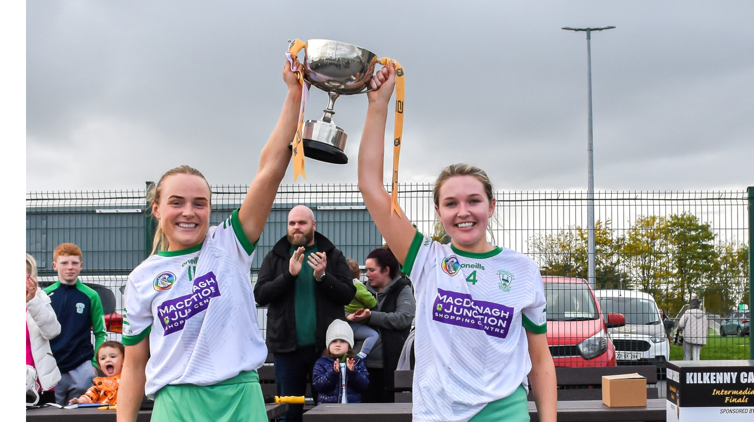 O'Loughlin Gaels captains Laura Murphy and Jen Holohan lift the cup after their side defeated Mooncoin in a tightly fought intermediate final on Saturday. Picture: Billy Culleton