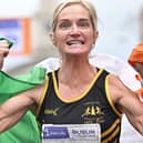 Ann-Marie McGlynn after winning the national marathon title at the Dublin Marathon. Photo: Sportsfile