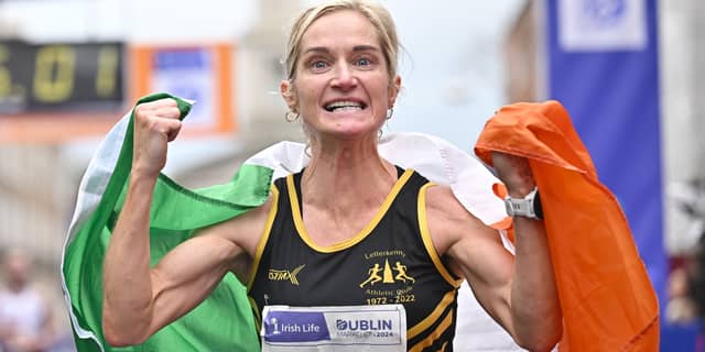 Ann-Marie McGlynn after winning the national marathon title at the Dublin Marathon. Photo: Sportsfile