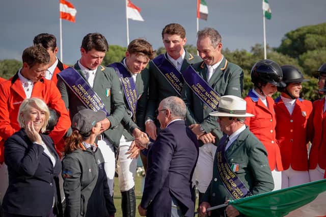 The Irish team on the podium after winning the Nations Cup in Vejer de la Frontera, Spain