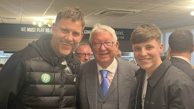 Enda and Marc Nicholls with Alex Ferguson at Celtic Park in Glasgow