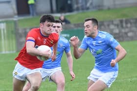 Jonathan Commins St Marys taking on Andy McDonnell Newtown Blues in the Anchor Tours Senior semi final in McGeough Park Haggardstown. Photo: Arthur Kinahan