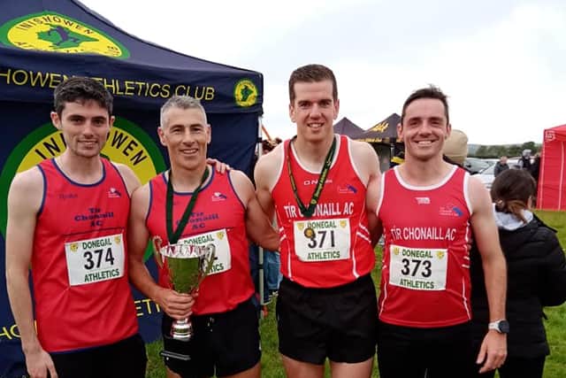 Lee Breslin in sixth and Declan Gallagher in 10th completed the scoring for the winning TIr Chonaill men.