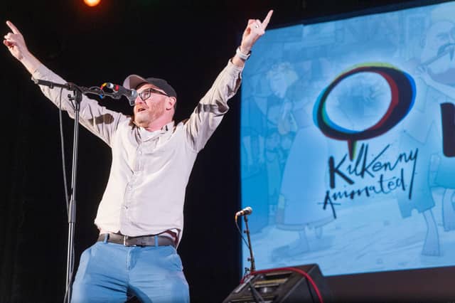 Paul Young inroducing Kila, the opening act of Kilkenny Animated 2023