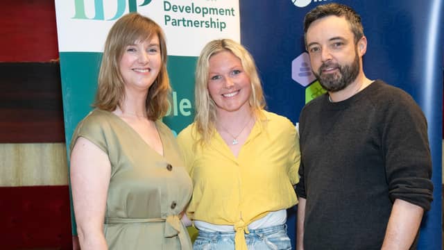Myra McAuliffe of ChangeMakers Donegal, recipient of the Donegal Short Documentary Bursary Caroline Harvey and Michael McLaughlin of Disappear Here Film Festival