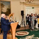 The President of Ireland Michael D. Higgins speaking at the Team Ireland homecoming at Áras an Uachtaráin in Dublin
