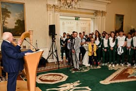 The President of Ireland Michael D. Higgins speaking at the Team Ireland homecoming at Áras an Uachtaráin in Dublin