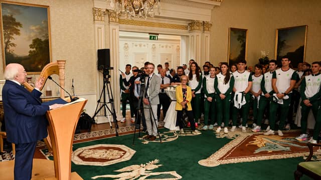 The President of Ireland Michael D. Higgins speaking at the Team Ireland homecoming at Áras an Uachtaráin in Dublin