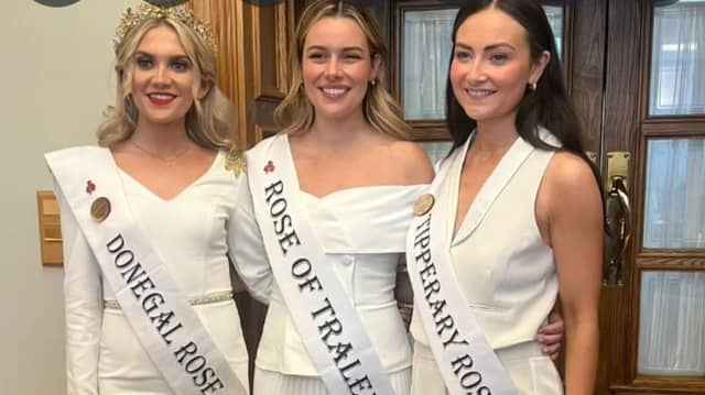 Niamh Shevlin, left, who won the Donegal Rose selection, at the Central Hotel in Donegal Town on Saturday night. Photo: Donegal Rose - Rose of Tralee