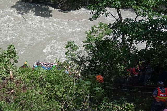 Its roof was ripped open before it stopped on the rocky bank just short of the Marsyangdi’s rushing water.