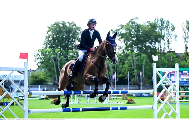 Max Foley competing on Hhs Arezzo in the Six Year Olds competition during the Dublin Horse Show 2024 at the RDS in Dublin. Photo by Shauna Clinton/Sportsfile