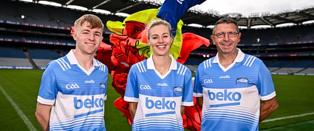 Offaly hurler Adam Screeney, Dublin ladies footballer Nicole Owens and former and Wexford hurler Larry O'Gorman pictured at the launch of the 2024 Beko Club Champion