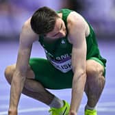 Mark English of Team Ireland reacts after failing to qualify in the men's 800m semi-final at the Stade de France during the 2024 Paris Summer Olympic Games