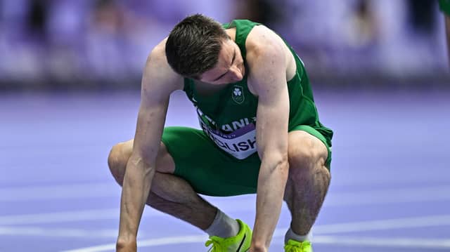 Mark English of Team Ireland reacts after failing to qualify in the men's 800m semi-final at the Stade de France during the 2024 Paris Summer Olympic Games