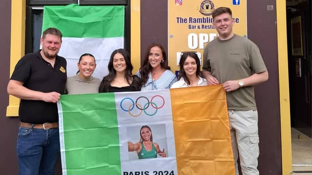 Kelly McGrory's brothers Lee and Craig with her friends Kate McGowan, Michelle Boyle, Oonagh Campbell and Emma Brady outside the Rambling House in Laghey