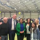 Mary Lou McDonald and Michelle O'Neill pictured with Mid Ulster candidate Cathal Mallaghan and his family.