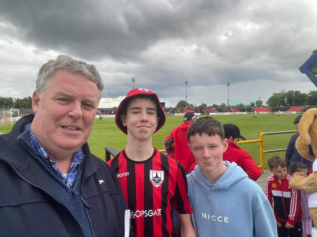 Ciaran Mullooly MEP and sons Bryan and Eoghan at Bishopsgate last Saturday for the Longford Town Legends v Manchester United Legends clash