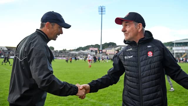 Derry manager Mickey Harte, right, shakes hands with Westmeath manager Dessie Dolan after last weekend's game in Newry. (Photo: Sam Barnes/Sportsfile)