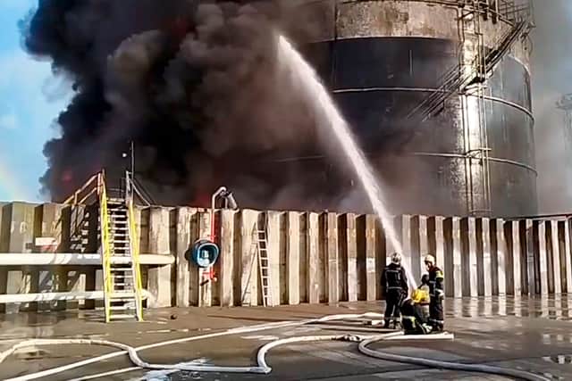The attack set fire to an oil reservoir in Russia’s Rostov region and more than 200 firefighters were at the scene, according to Rostov’s governor, Vasily Golubev.