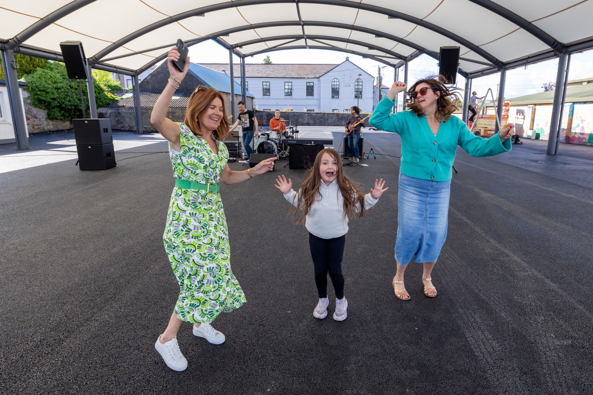 Alice McCabe, Festival secretary, with Niamh & Suzie Kavanagh dance to Transmitter  at the Fort Protector Performance Space at Laois School of Music at the launch of the Old Fort Quarter Festival.