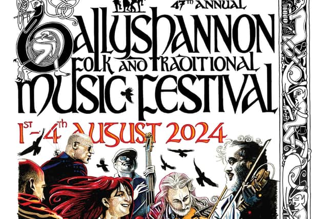 The new Ballyshannon Folk and Traditional Music Festival poster featuring No Crows from Sligo is now available at Local Hands in Ballyshannon and on barrybrittonart.ie