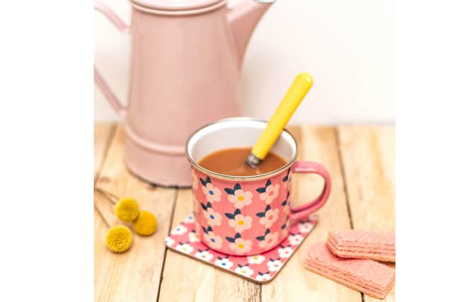 2. Enamel Mug & Coaster Set, £26.10 (x 2), Enamel Happy