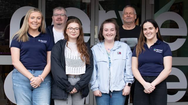Spraoi agus Spórt staff Aine Kelly Deirdre McGrory, Ava McDermott and Hannah Doyle with Ciarán Mullin and Luke Porter, creative media trainers with the Nerve Centre