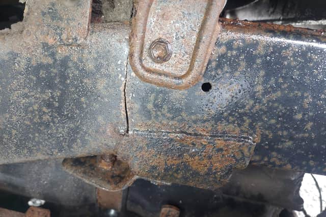 According to the post, the vehicle's chassis was cracked on both sides while concerns were also identified in relation to the condition of the tyres.