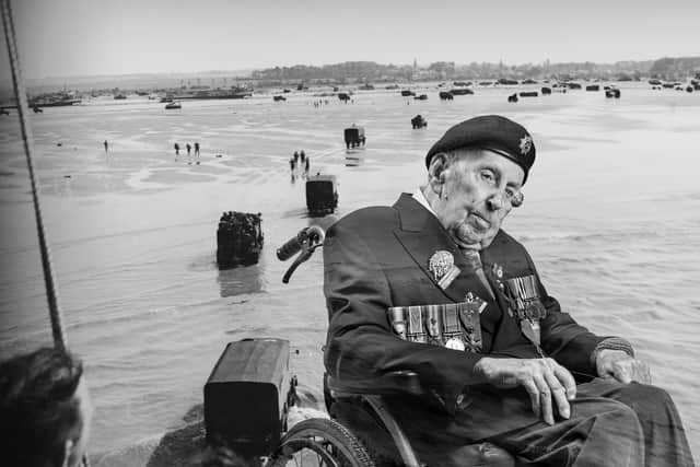The veterans’ portraits have been overlaid on to photographs, taken on D-Day or during the Second World War, to provide a “glimpse of what they would have experienced”.