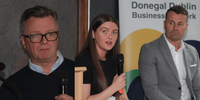 Finn Harps Chairman Ian Harkin (left) and Tyler Toland and Shay Given, who took part in a panel discussion. Photos: Joe Boland (North West Newspix)