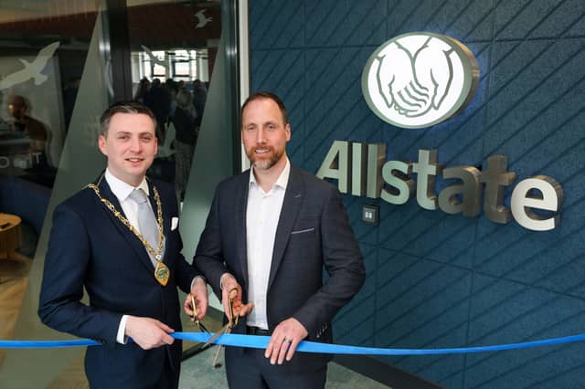 Derry City & Strabane District Deputy Mayor Cllr Jason Barr and Allstate NI Managing Director Stephen McKeown officially opening the new Allstate NI office at the Innovation Centre, Catalyst Building