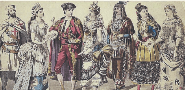 Typical costumes worn at nineteenth century fancy-dress balls