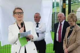 Nuala McGovern addresses the crowd at the opening of the James McGovern Astro Turf facility in Aughavas last August Picture: Willie Donnellan