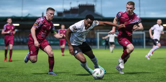 Success Edogun of Finn Harps in action against Cian Browne, left, and Jason Abbott of Cobh Ramblers. Photo: Sportsfile