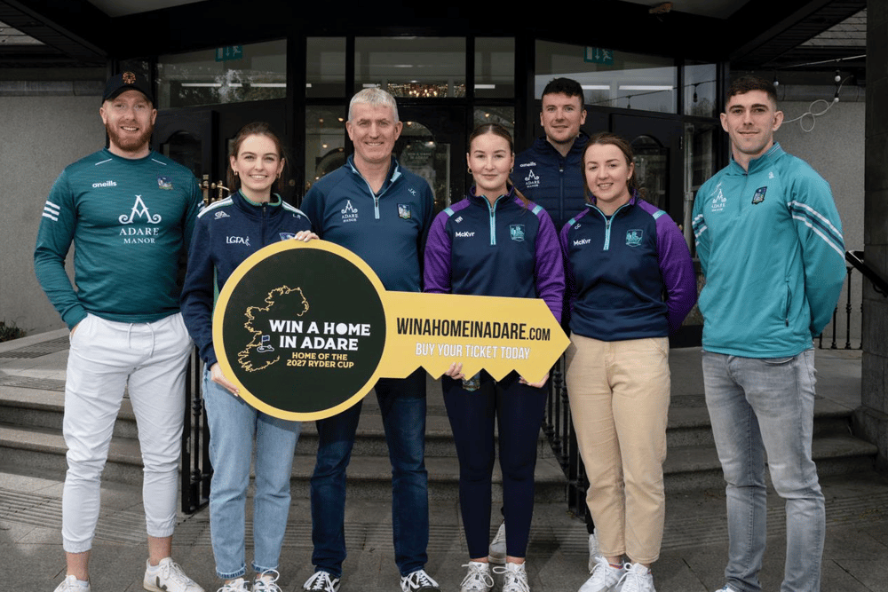 At the launch of the WinAHomeInAdare.com fundraiser were players Cian Lynch, Lauren Ryan, Nadine White, Declan Hannon, Caoimhe Costelloe and Paul Maher with John Kiely I PICTURE: Don Moloney