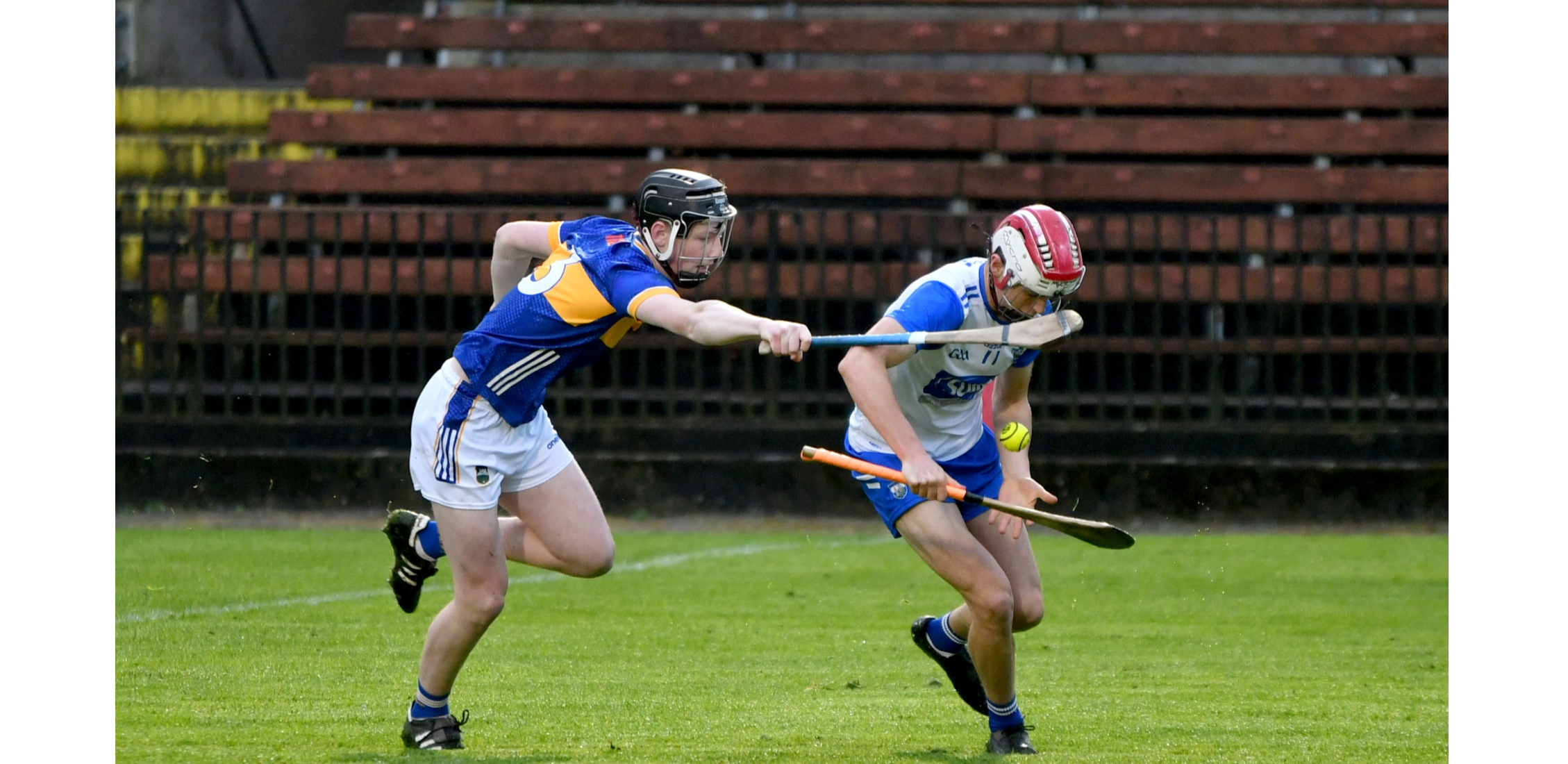 Waterford's Shane Power is tackled by Tipperary's Toby Corbett during the Munster Minor Hurling Championship game in Dungarvan. Picture: Michael Boland