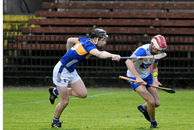 Waterford's Shane Power is tackled by Tipperary's Toby Corbett during the Munster Minor Hurling Championship game in Dungarvan. Picture: Michael Boland