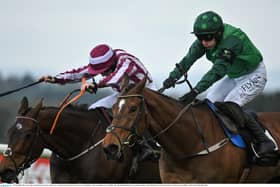 Blue Lord (right) with Paul Townend on their way to winning the Barberstown Castle Novice Steeplechase, from second place Coeur Sublime (left) with Rachael Blackmore