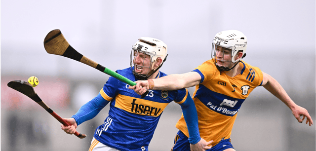Tipperary's Sean Ryan tries to fend off the challenge of Clare’s Cian Galvin during the league semi-final. Picture: Piaras Ó Mídheach/Sportsfile