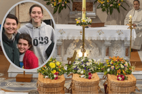 The wicker caskets of (inset) Una, Ciara and Saoirse Bowden at St Eunan's Church in Raphoe. (North West Newspix)