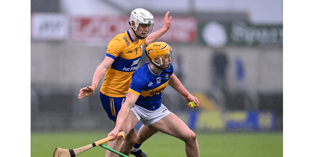 Tipperary's Seán Hayes in action against Clare's Cian Galvin during the Allianz Hurling League Division 1 semi-final in Portlaoise. Picture: Piaras Ó Mídheach/Sportsfile